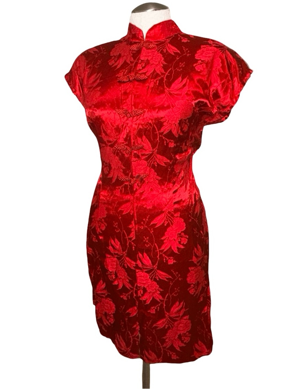 Vintage 90s All that Jazz Red Floral Satin Cheongsam Mini Dress XL